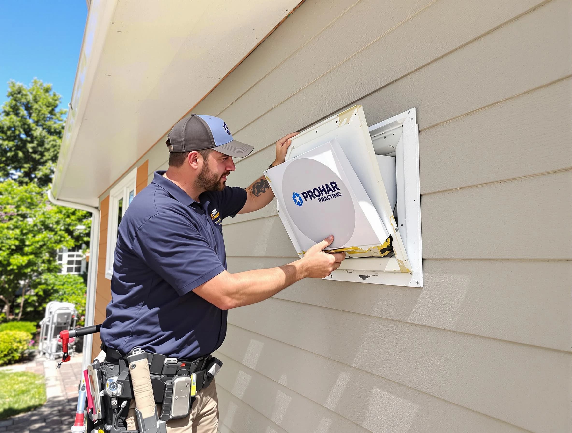 Evans Dryer Vent Cleaning technician installing a new protective dryer vent cover on a home in Evans