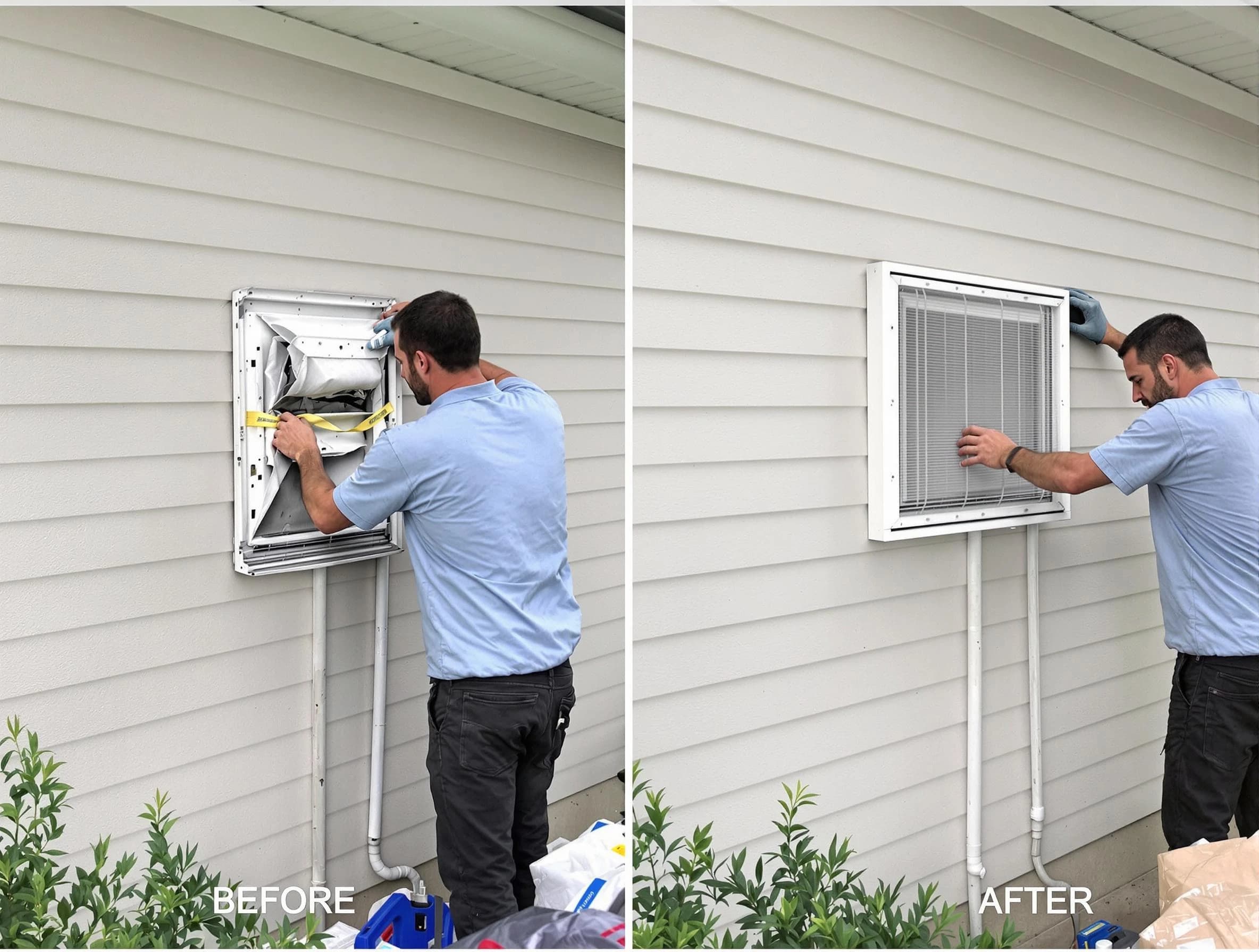Evans Dryer Vent Cleaning technician installing high-quality dryer vent cover at a residential property in Evans
