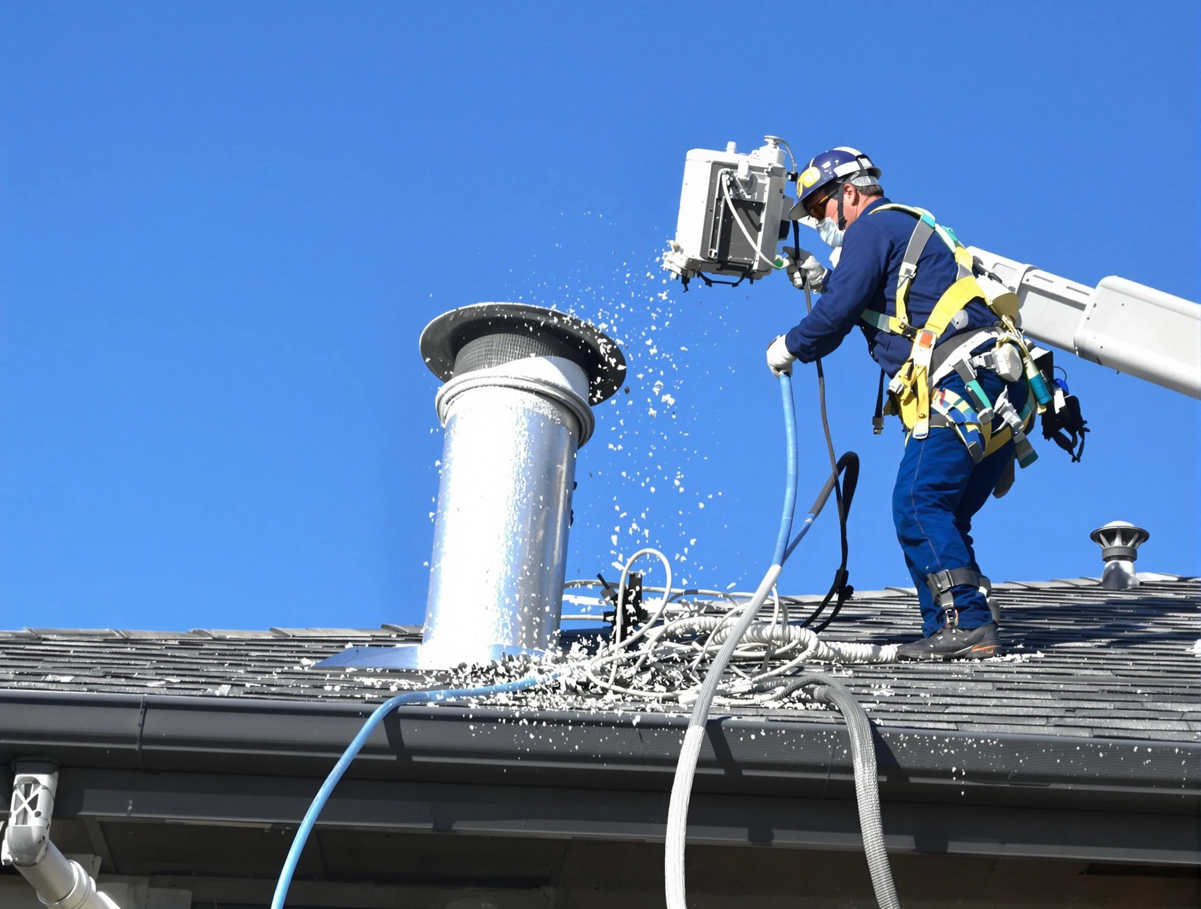 Evans Dryer Vent Cleaning certified technician safely cleaning a roof-mounted dryer vent in Evans